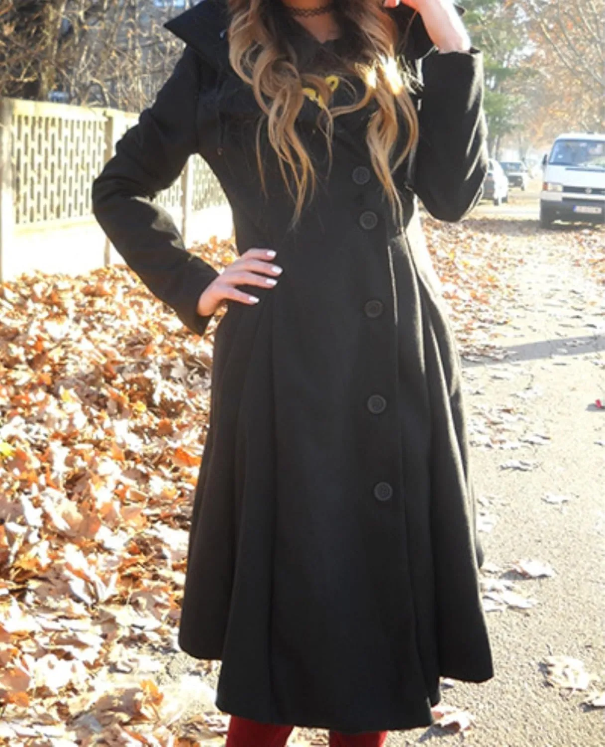 Women's elegant pea coat Gothic asymmetric hem dress Ruffled high-low coat Wool long trench coat Outerwear