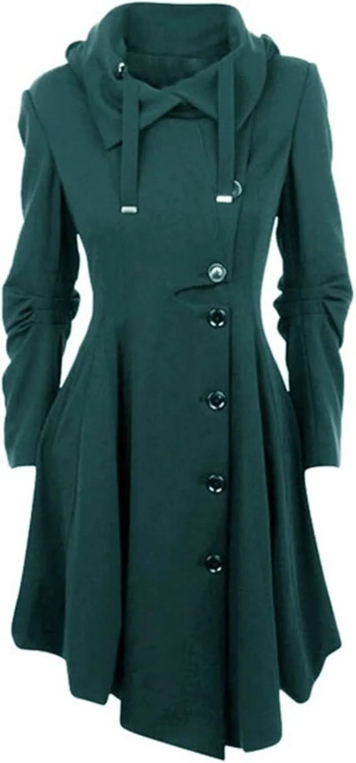 Women's elegant pea coat Gothic asymmetric hem dress Ruffled high-low coat Wool long trench coat Outerwear