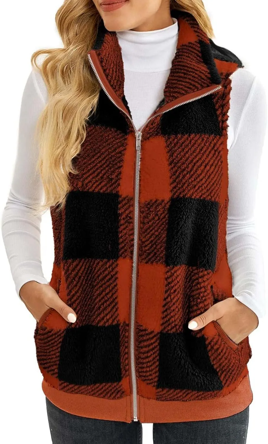 Womens Fashion Plaid Fleece Vest Casual Fuzzy Sleeveless Fuzzy Sherpa Vest Fluffy Zipper Jacket Warm Outerwear