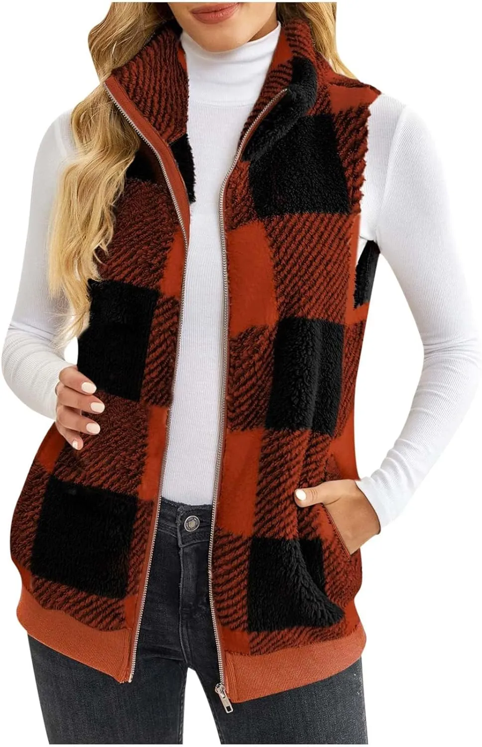Womens Fashion Plaid Fleece Vest Casual Fuzzy Sleeveless Fuzzy Sherpa Vest Fluffy Zipper Jacket Warm Outerwear