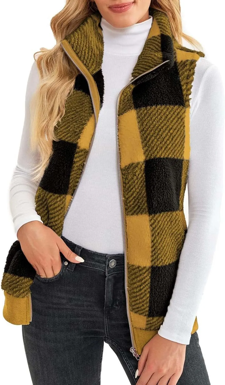 Womens Fashion Plaid Fleece Vest Casual Fuzzy Sleeveless Fuzzy Sherpa Vest Fluffy Zipper Jacket Warm Outerwear