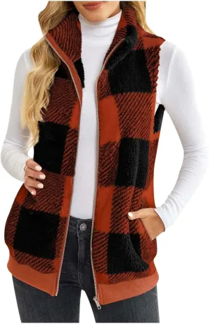 Womens Fashion Plaid Fleece Vest Casual Fuzzy Sleeveless Fuzzy Sherpa Vest Fluffy Zipper Jacket Warm Outerwear