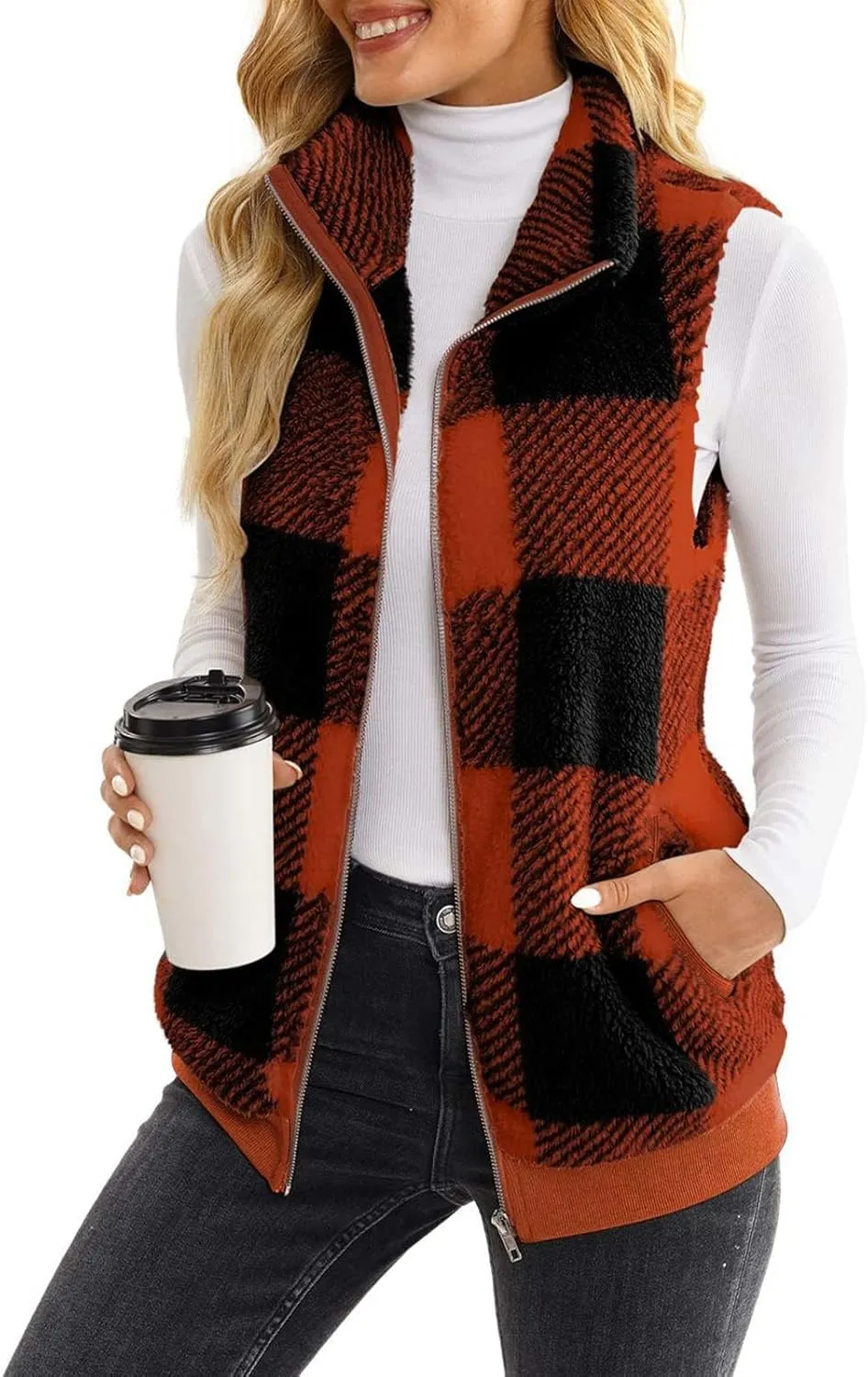 Womens Fashion Plaid Fleece Vest Casual Fuzzy Sleeveless Fuzzy Sherpa Vest Fluffy Zipper Jacket Warm Outerwear