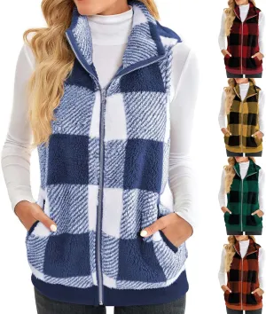 Womens Fashion Plaid Fleece Vest Casual Fuzzy Sleeveless Fuzzy Sherpa Vest Fluffy Zipper Jacket Warm Outerwear