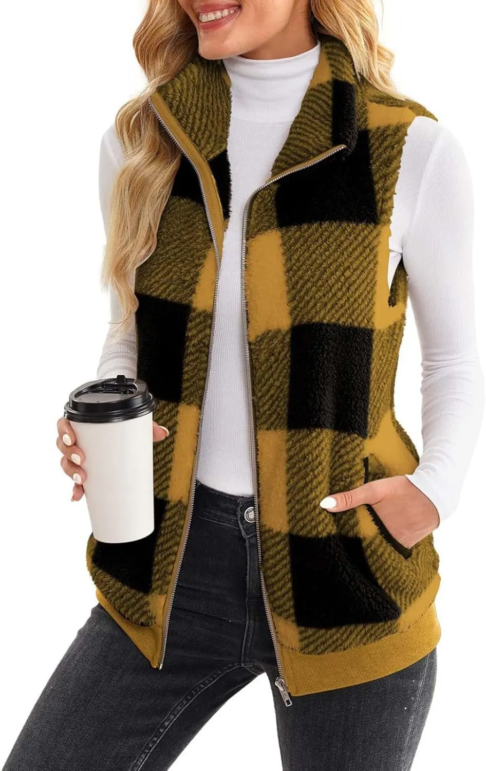 Womens Fashion Plaid Fleece Vest Casual Fuzzy Sleeveless Fuzzy Sherpa Vest Fluffy Zipper Jacket Warm Outerwear