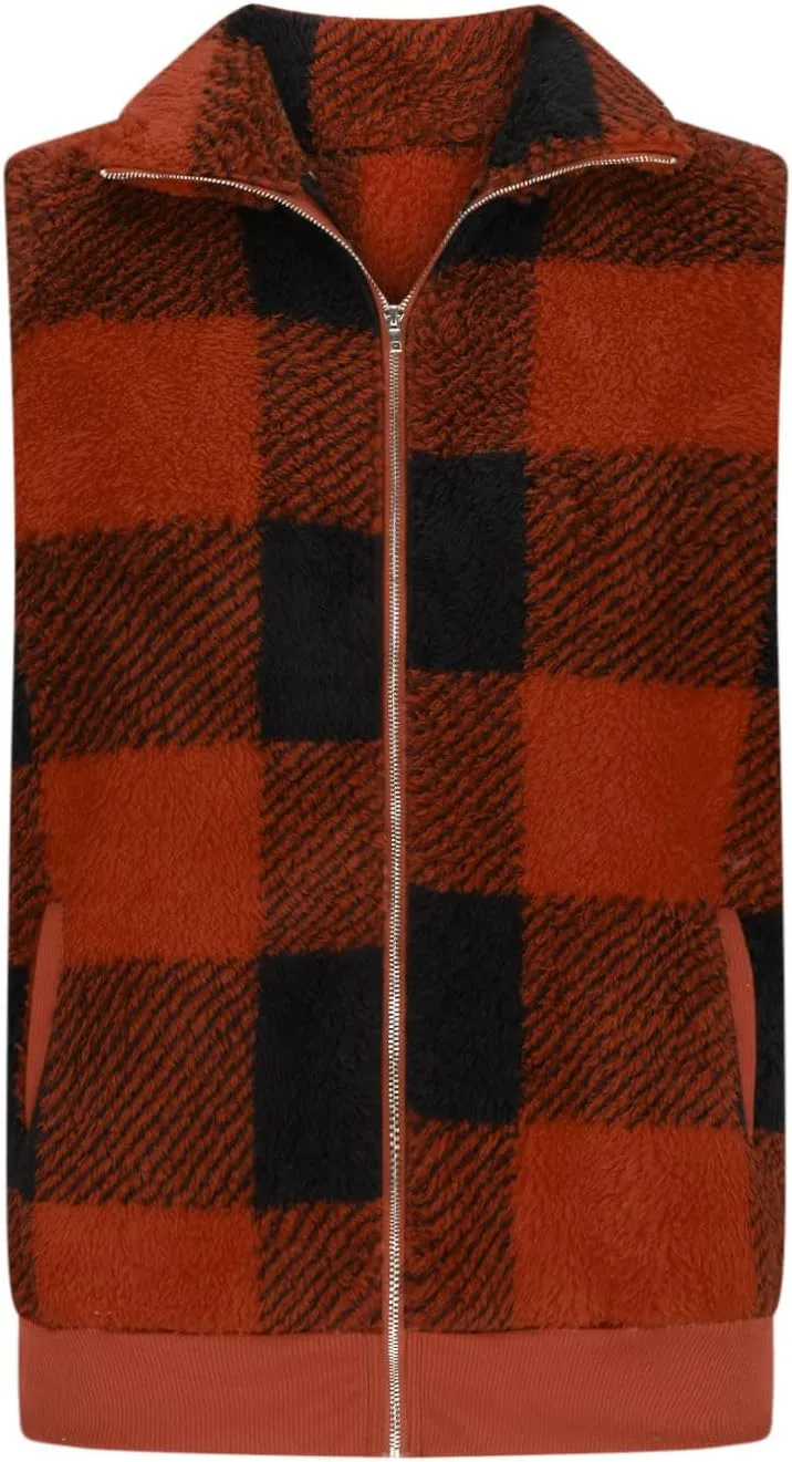 Womens Fashion Plaid Fleece Vest Casual Fuzzy Sleeveless Fuzzy Sherpa Vest Fluffy Zipper Jacket Warm Outerwear