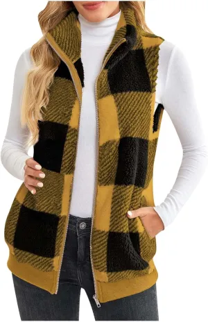 Womens Fashion Plaid Fleece Vest Casual Fuzzy Sleeveless Fuzzy Sherpa Vest Fluffy Zipper Jacket Warm Outerwear