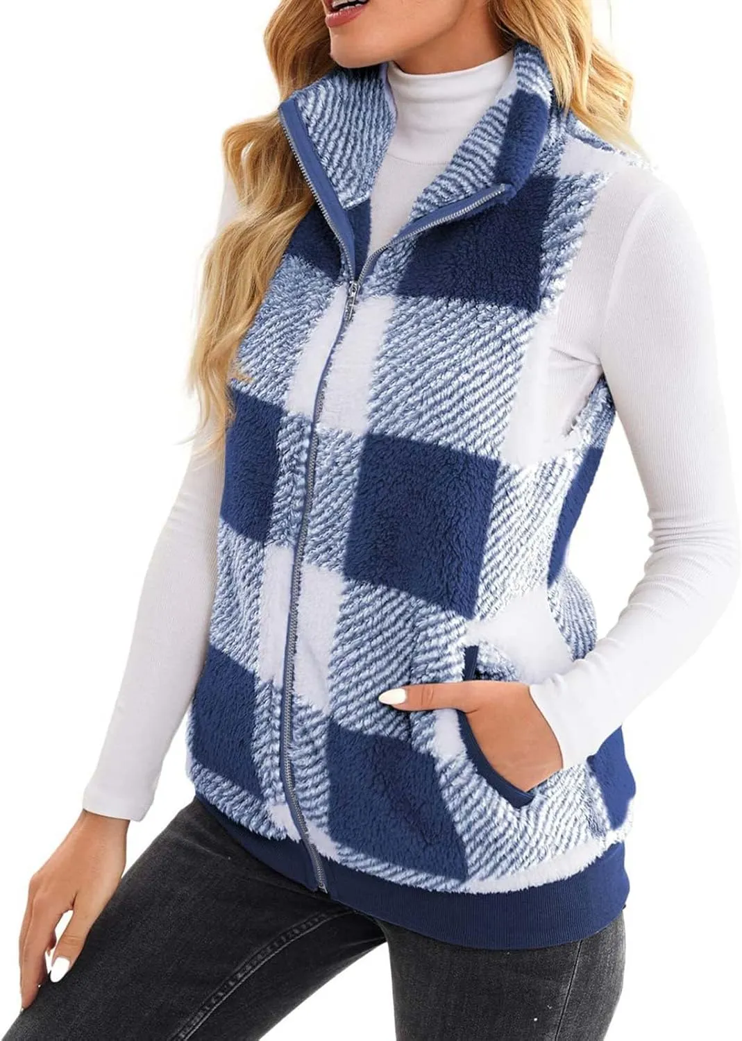 Womens Fashion Plaid Fleece Vest Casual Fuzzy Sleeveless Fuzzy Sherpa Vest Fluffy Zipper Jacket Warm Outerwear