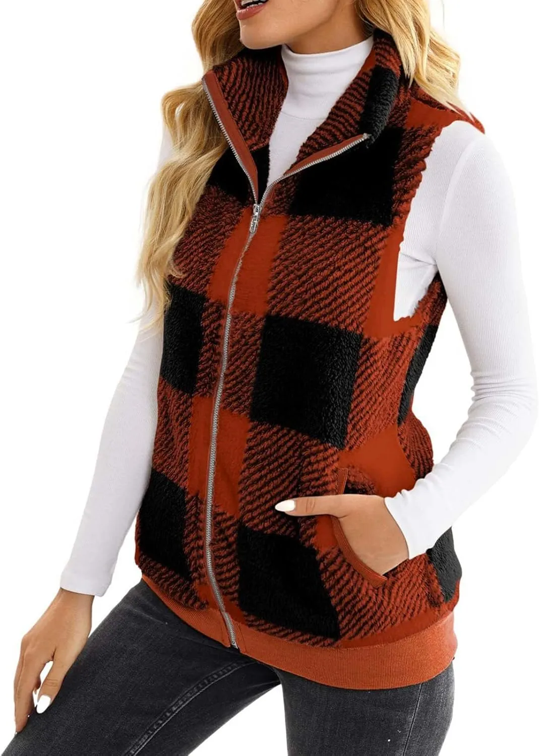 Womens Fashion Plaid Fleece Vest Casual Fuzzy Sleeveless Fuzzy Sherpa Vest Fluffy Zipper Jacket Warm Outerwear