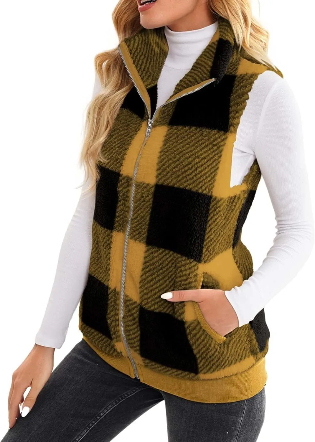 Womens Fashion Plaid Fleece Vest Casual Fuzzy Sleeveless Fuzzy Sherpa Vest Fluffy Zipper Jacket Warm Outerwear