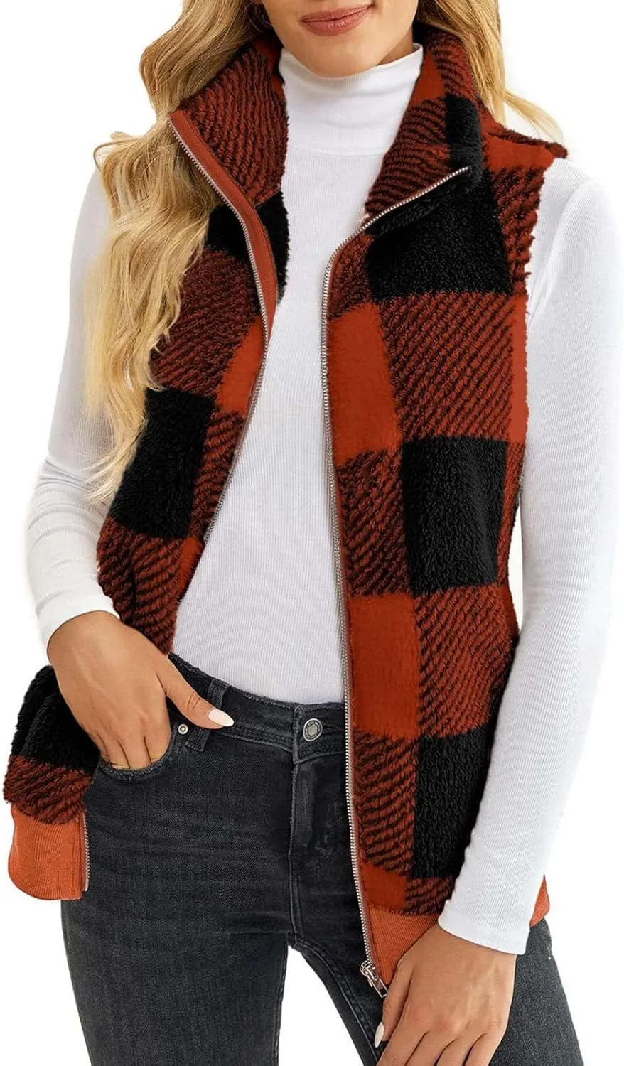 Womens Fashion Plaid Fleece Vest Casual Fuzzy Sleeveless Fuzzy Sherpa Vest Fluffy Zipper Jacket Warm Outerwear