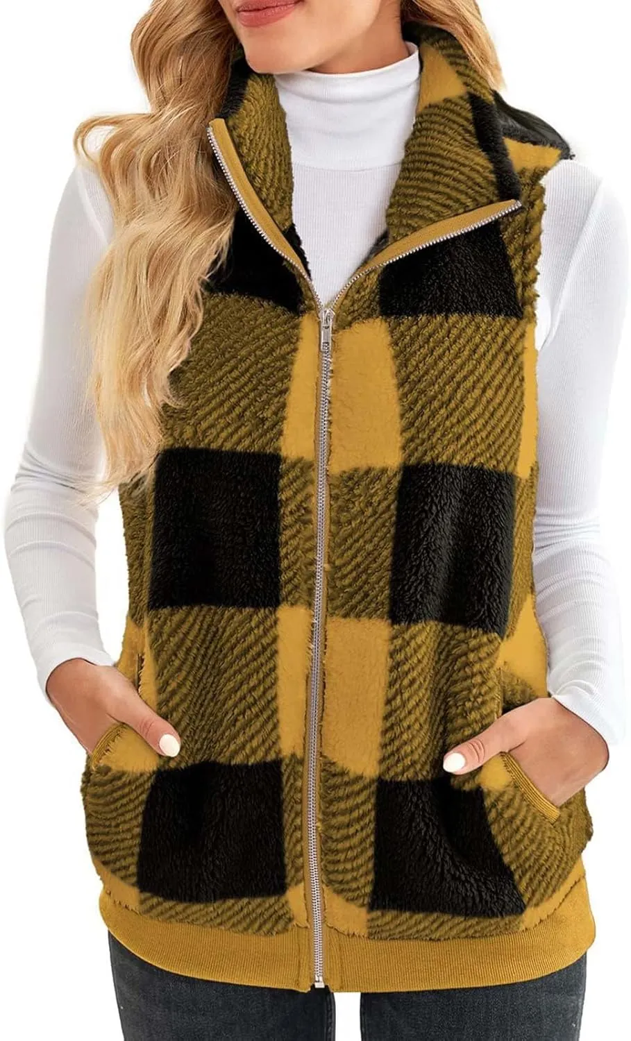 Womens Fashion Plaid Fleece Vest Casual Fuzzy Sleeveless Fuzzy Sherpa Vest Fluffy Zipper Jacket Warm Outerwear