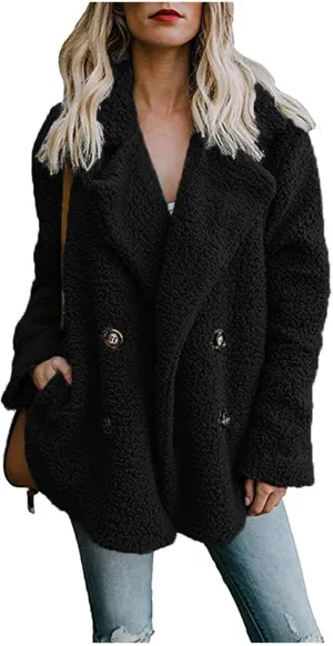 Womens Faux Shearling Jacket Casual Lapel Fleece Fuzzy Coat Winter Warm Shaggy Oversized Outwear Fluffy Cardigan Coat