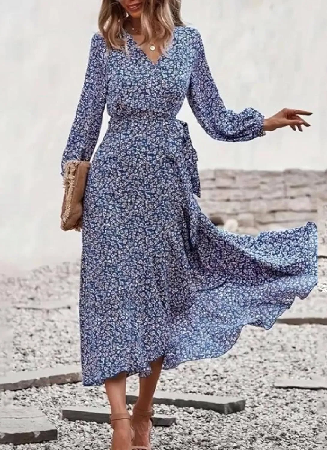 Women's Floral Print Wrap V Neck Long Sleeve Midi Dress Casual Elegant Flowy Swing A-Line Irregular Ruffled Hem Dresses