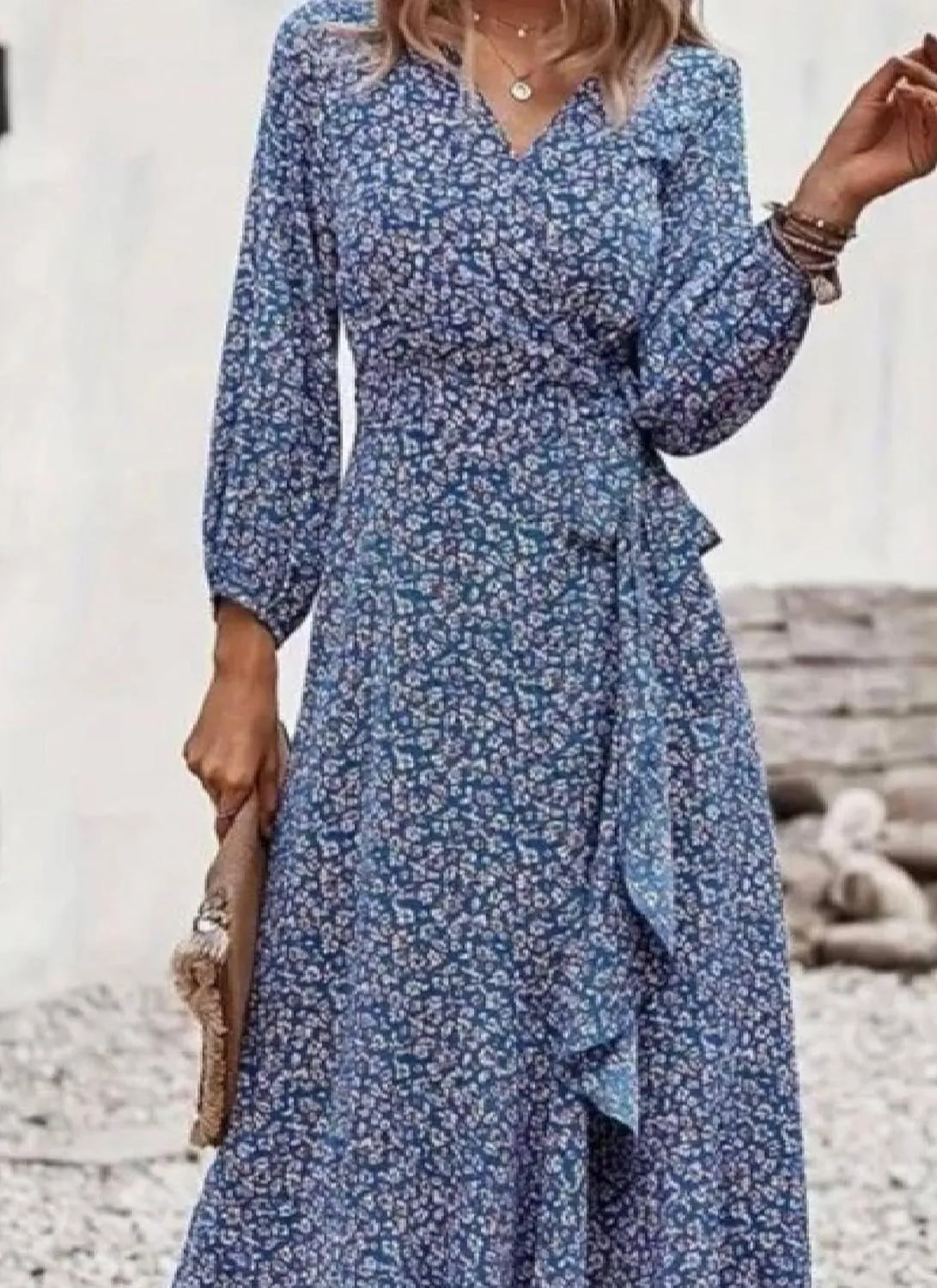 Women's Floral Print Wrap V Neck Long Sleeve Midi Dress Casual Elegant Flowy Swing A-Line Irregular Ruffled Hem Dresses