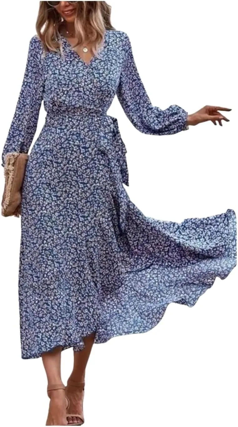 Women's Floral Print Wrap V Neck Long Sleeve Midi Dress Casual Elegant Flowy Swing A-Line Irregular Ruffled Hem Dresses