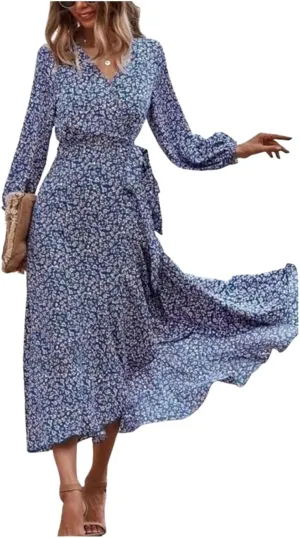 Women's Floral Print Wrap V Neck Long Sleeve Midi Dress Casual Elegant Flowy Swing A-Line Irregular Ruffled Hem Dresses