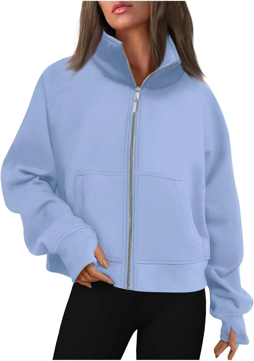 Women's Full Zip Up Sweatshirt Jackets Oversized Fleece Long Sleeve Tops With Pockets Thumb Hole Fall Outfits Clothes