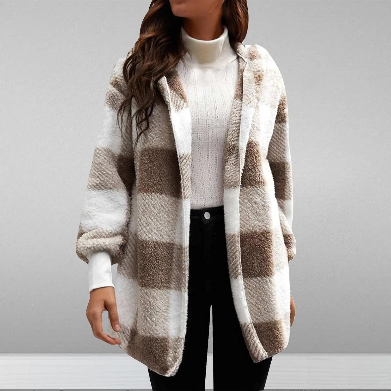 Womens Fuzzy Fleece Jacket Plaid Fuzzy Sherpa Thermal Coat Casual Fall Winter Warm Outwear Clothes