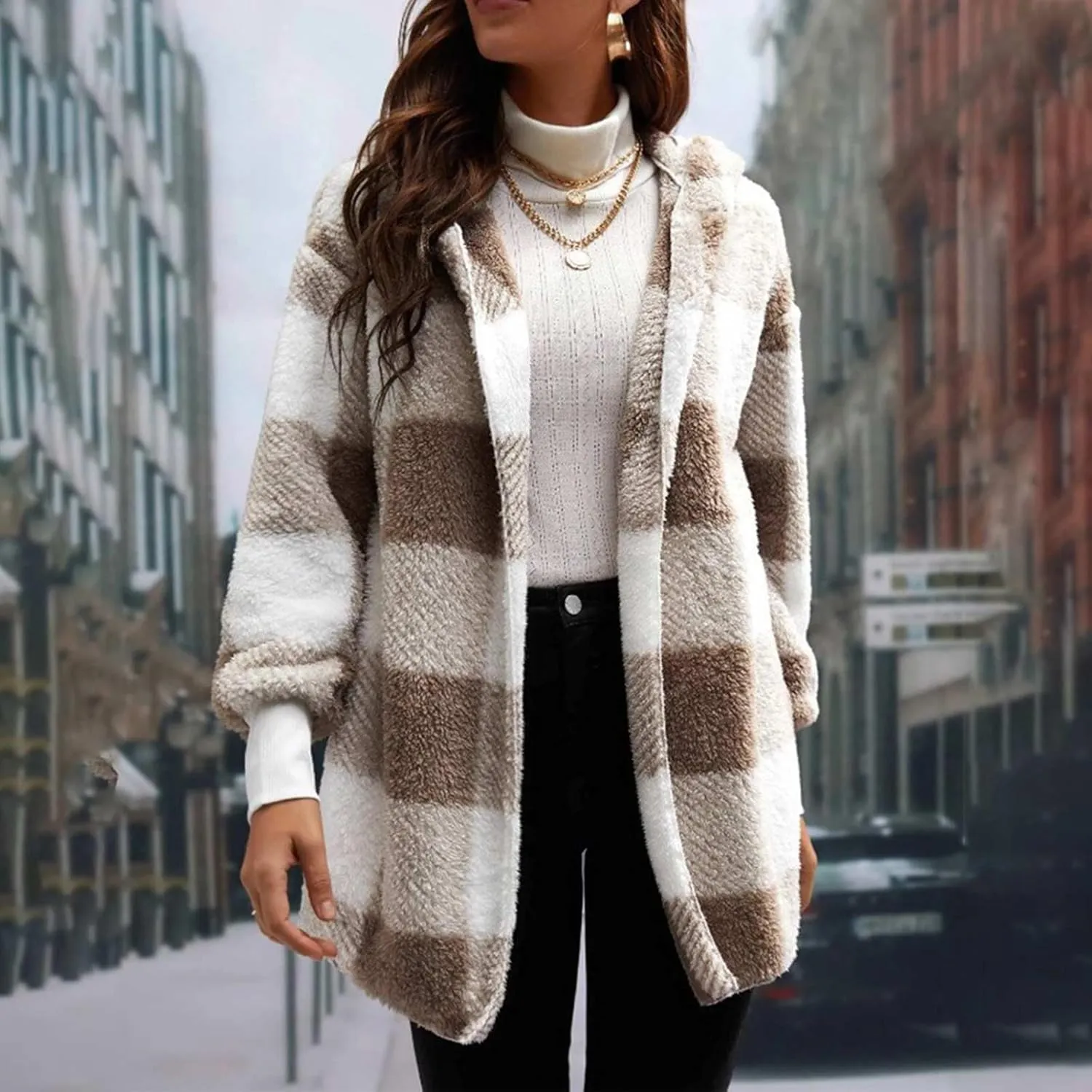 Womens Fuzzy Fleece Jacket Plaid Fuzzy Sherpa Thermal Coat Casual Fall Winter Warm Outwear Clothes