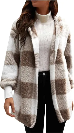 Womens Fuzzy Fleece Jacket Plaid Fuzzy Sherpa Thermal Coat Casual Fall Winter Warm Outwear Clothes