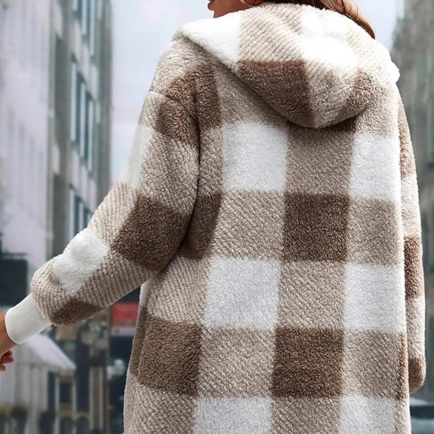 Womens Fuzzy Fleece Jacket Plaid Fuzzy Sherpa Thermal Coat Casual Fall Winter Warm Outwear Clothes