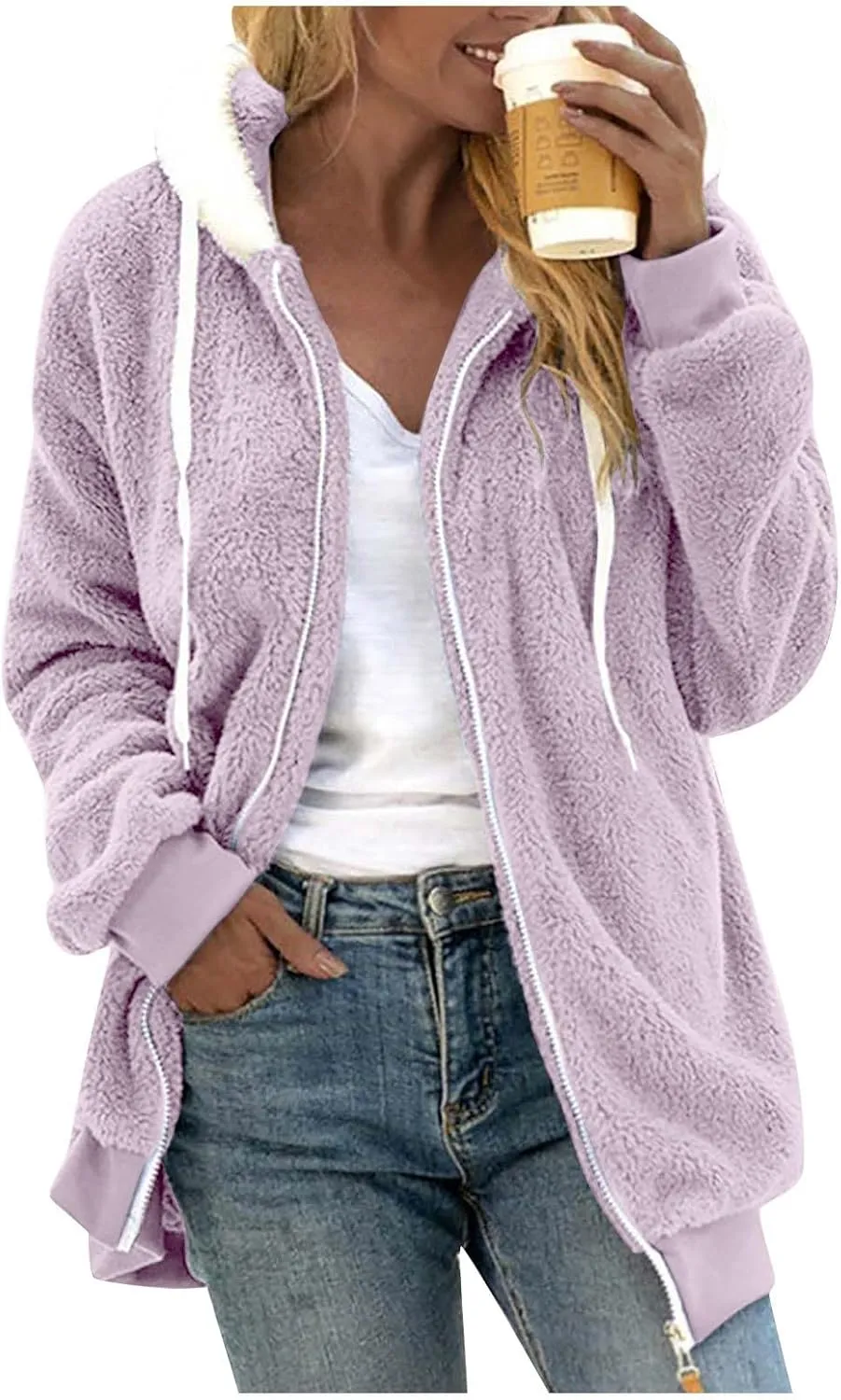 Womens Fuzzy Fleece Jacket Winter Full Zip Plush Hooded Cardigan Coats Soft Oversized Shaggy Warm Outerwear with Pockets