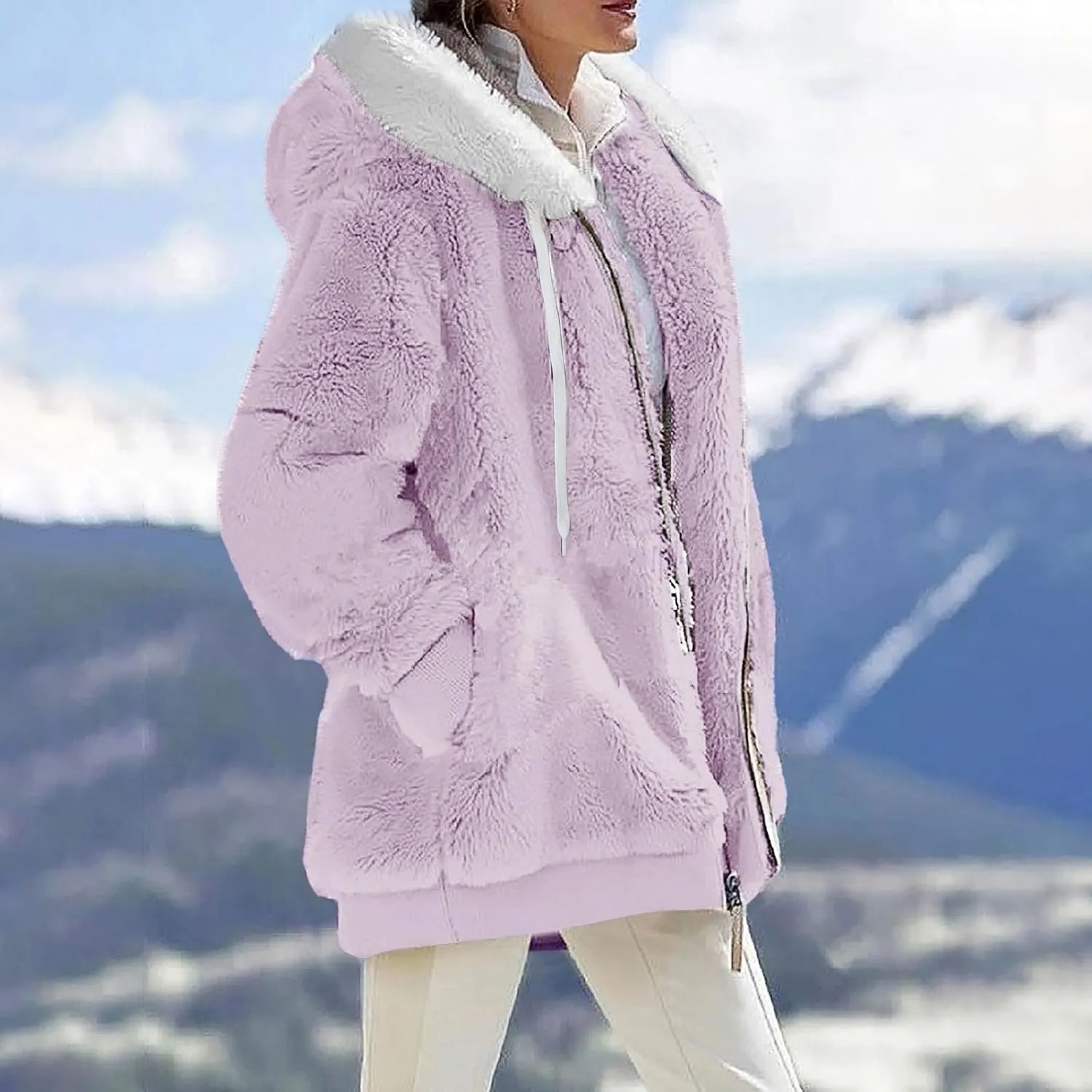 Womens Fuzzy Fleece Jacket Winter Full Zip Plush Hooded Cardigan Coats Soft Oversized Shaggy Warm Outerwear with Pockets