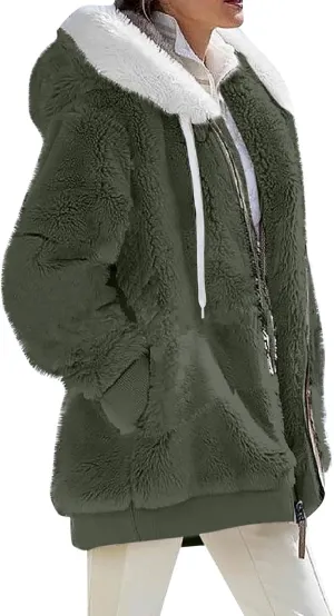 Womens Fuzzy Fleece Jacket Winter Full Zip Plush Hooded Cardigan Coats Soft Oversized Shaggy Warm Outerwear with Pockets