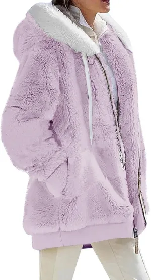Womens Fuzzy Fleece Jacket Winter Full Zip Plush Hooded Cardigan Coats Soft Oversized Shaggy Warm Outerwear with Pockets