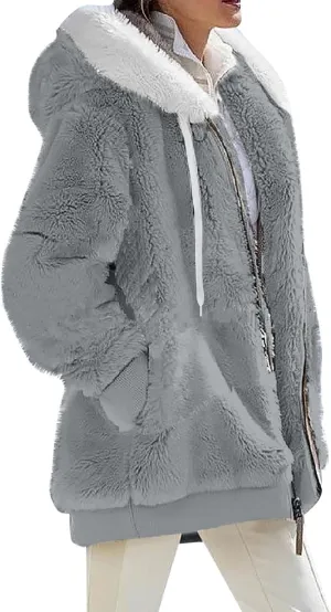 Womens Fuzzy Fleece Jacket Winter Full Zip Plush Hooded Cardigan Coats Soft Oversized Shaggy Warm Outerwear with Pockets