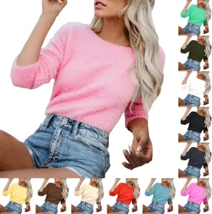 Womens Fuzzy Sweater Fluffy Crewneck Pullover Sweaters Long Sleeve Sweatshirt Plain Jumper Fall Top Kawaii Clothes
