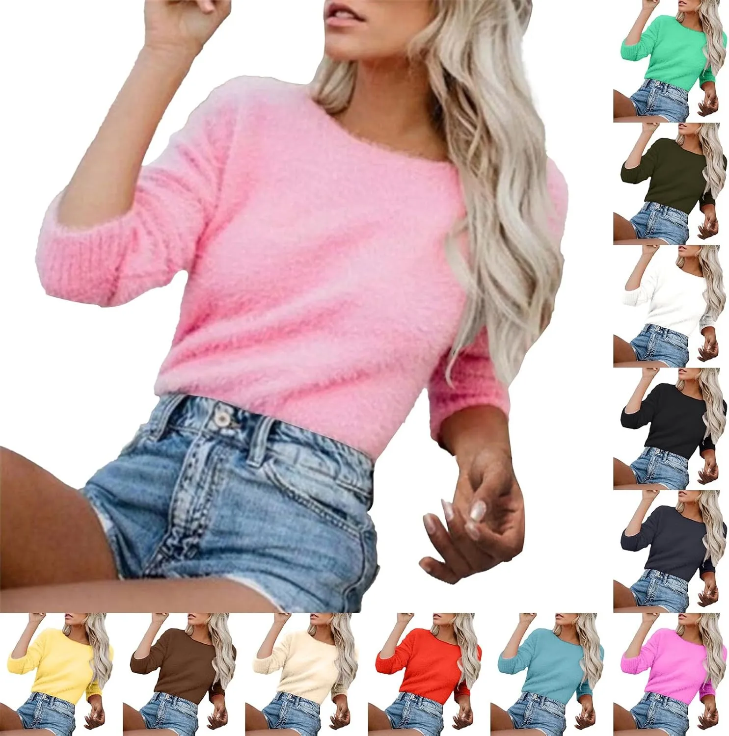 Womens Fuzzy Sweater Fluffy Crewneck Pullover Sweaters Long Sleeve Sweatshirt Plain Jumper Fall Top Kawaii Clothes