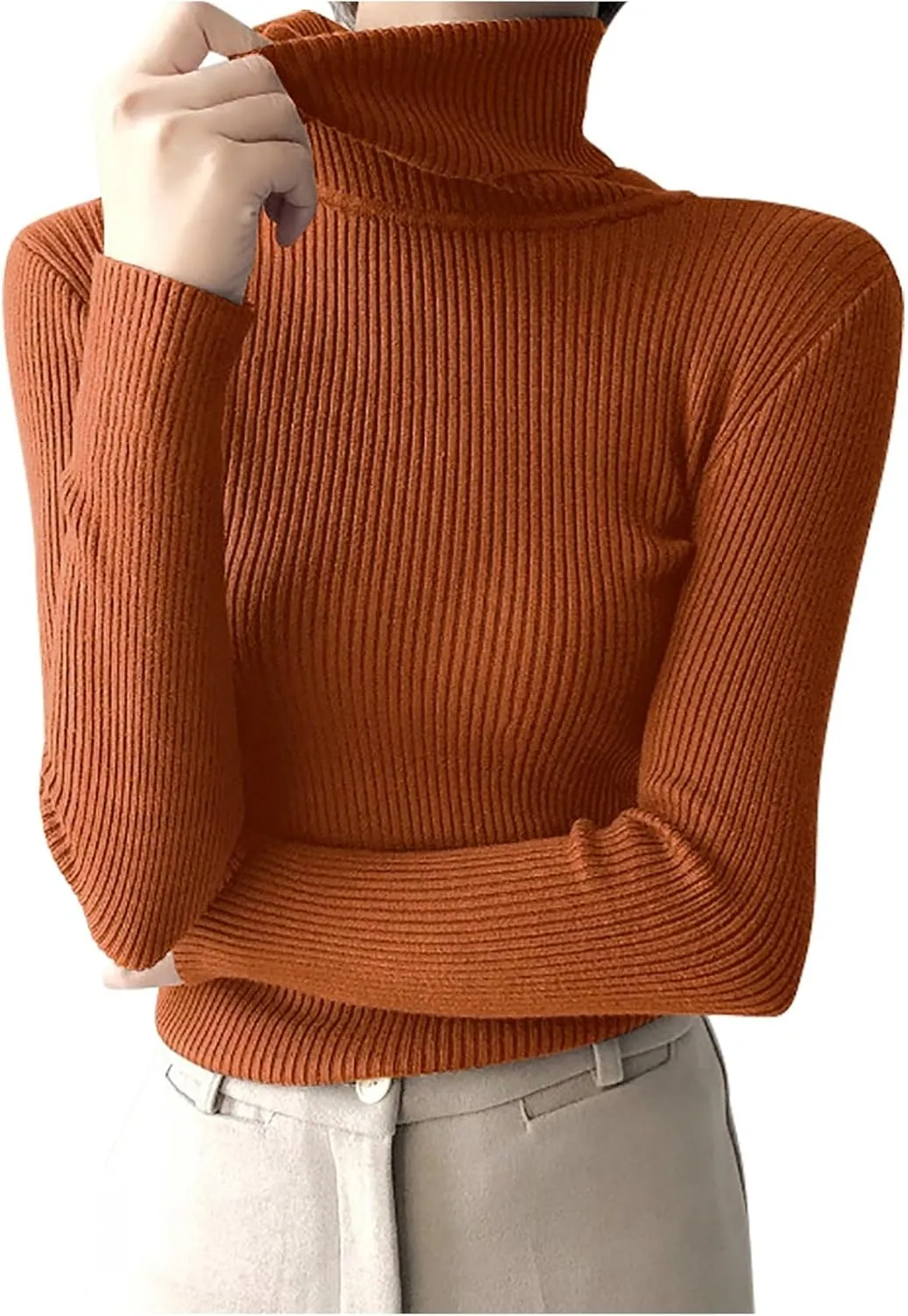 Women's Knit Turtleneck Sweater Fall Fashion Long Sleeve Outfits Solid Color Basic Tops Pullover Casual Sweater
