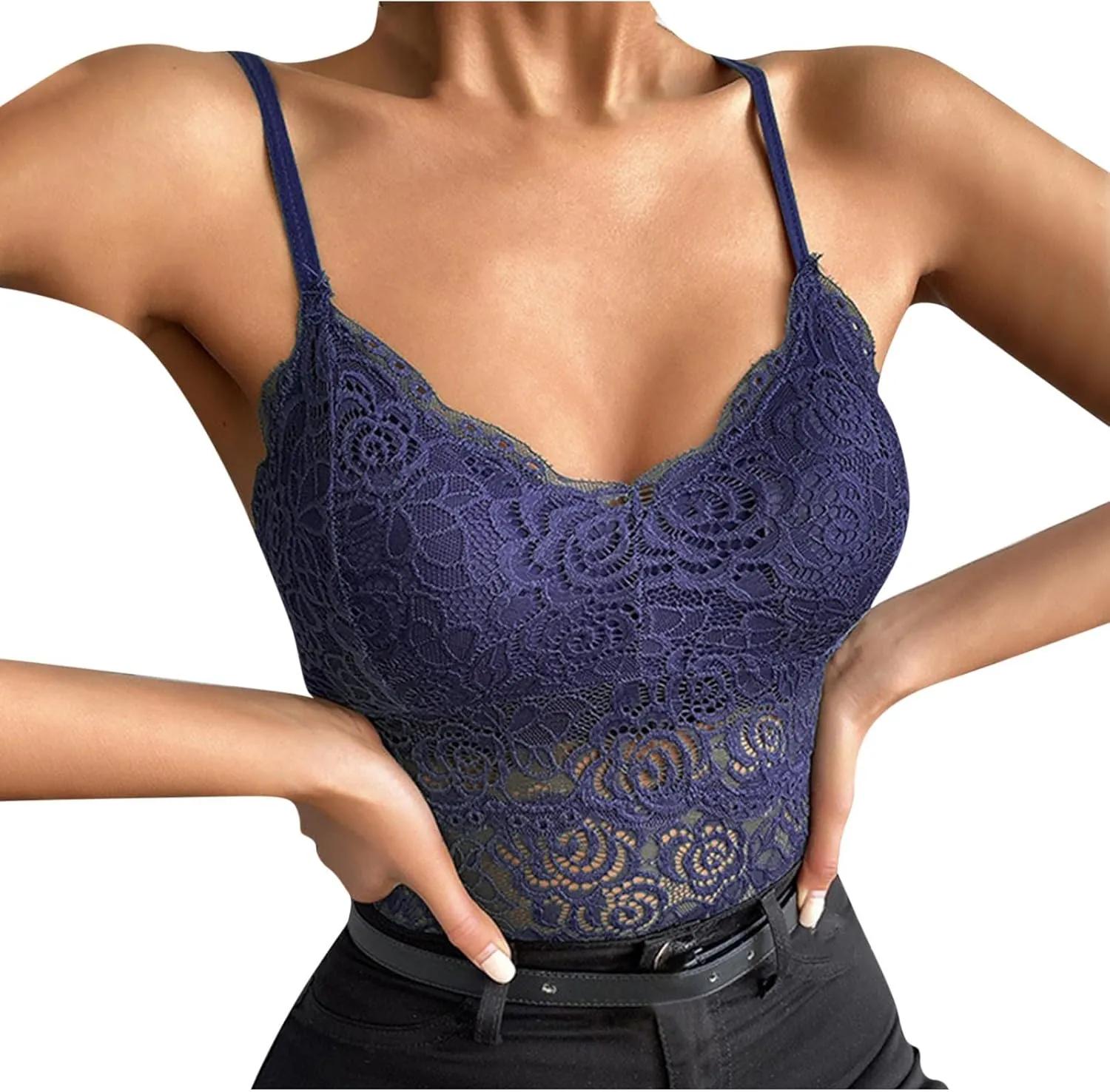 Women's Lace Bralette Cami Tops Sexy Padded Bustier Adjustable Strap Crop Top Wireless Bra Underwear