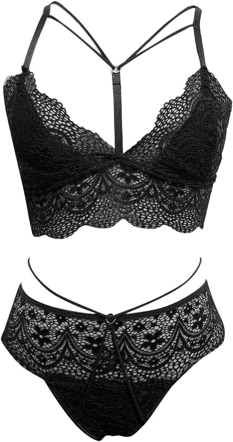 Women's Lace Lingerie Set 2 Pieces Strappy Bralette Bra and Panty Lace Floral Lingerie Set Naughty Nightgown Negligee
