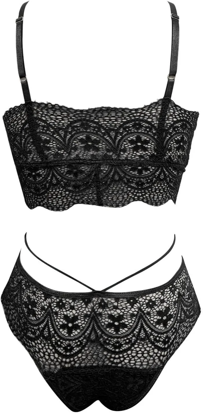 Women's Lace Lingerie Set 2 Pieces Strappy Bralette Bra and Panty Lace Floral Lingerie Set Naughty Nightgown Negligee
