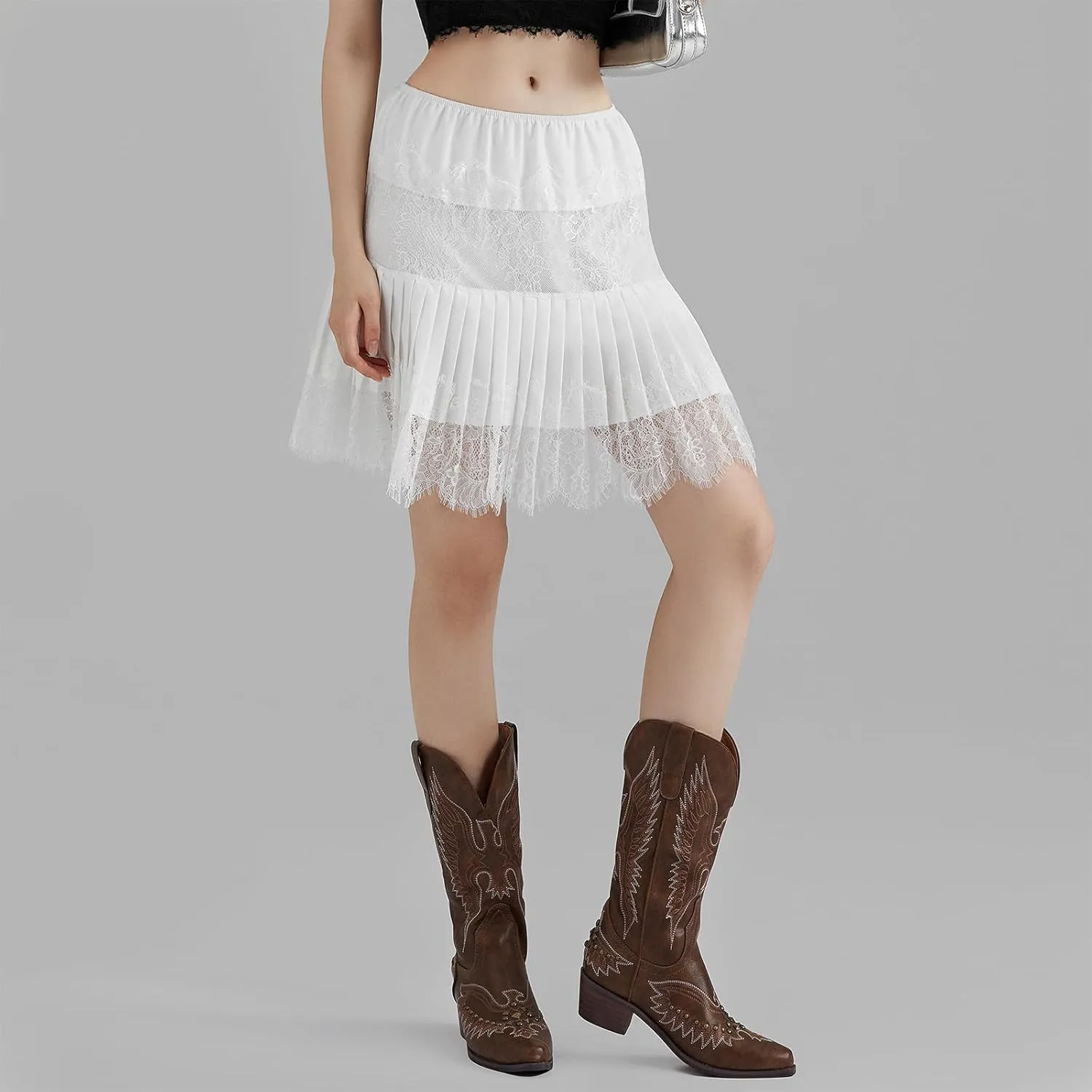 Women's Lace Mini Skirt Y2k Ruffle Mid-Rise Pleated Lace Skirts Spring Summer Casual Short Skirts