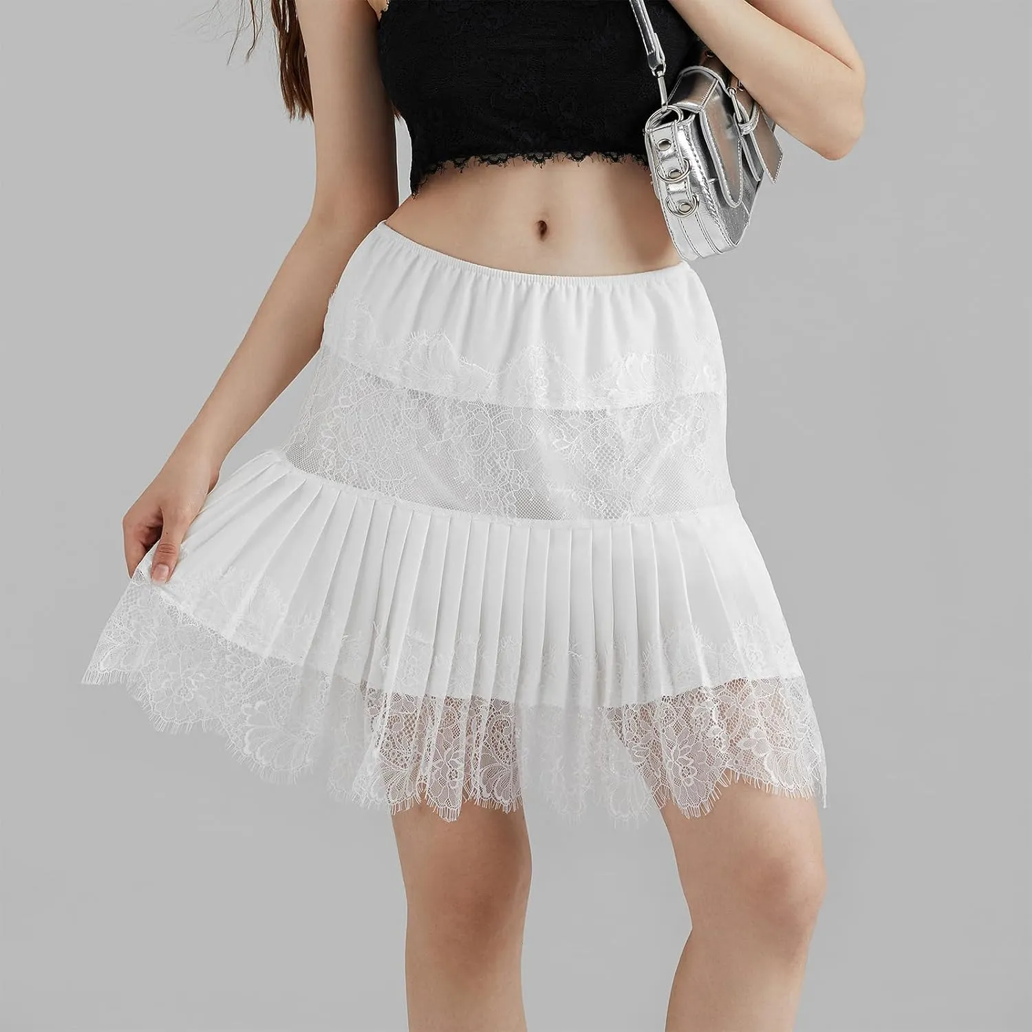 Women's Lace Mini Skirt Y2k Ruffle Mid-Rise Pleated Lace Skirts Spring Summer Casual Short Skirts