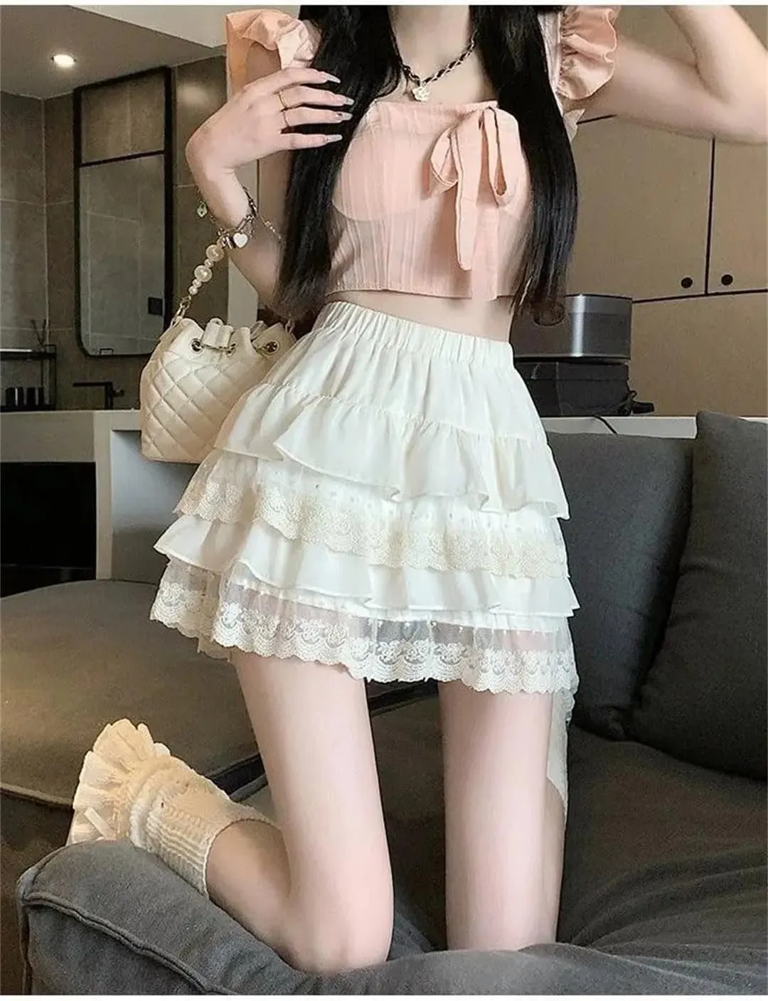 Women's Lace Pleated Skirt Japanese Lace Cake Mini Skirt Summer Beach Style Short Skirt