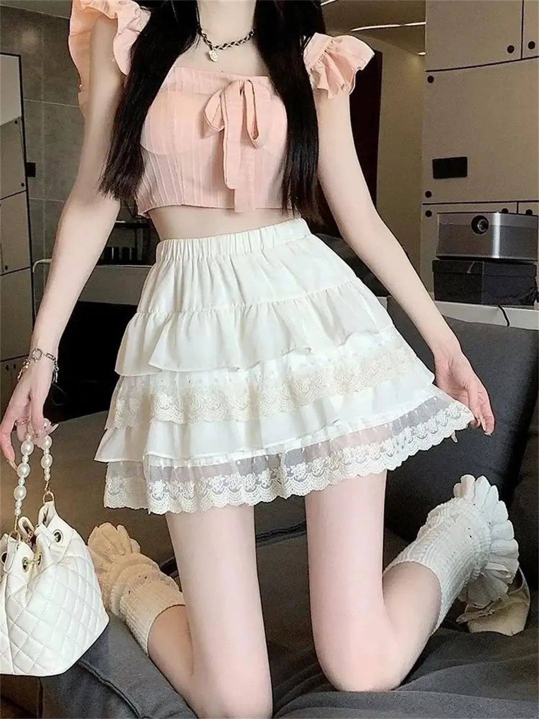 Women's Lace Pleated Skirt Japanese Lace Cake Mini Skirt Summer Beach Style Short Skirt