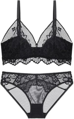 Womens Lace Plunge Bralette Set Comfort Wireless Unlined Triangle Bra & Panty Set Sexy Triangle Cup Underwea