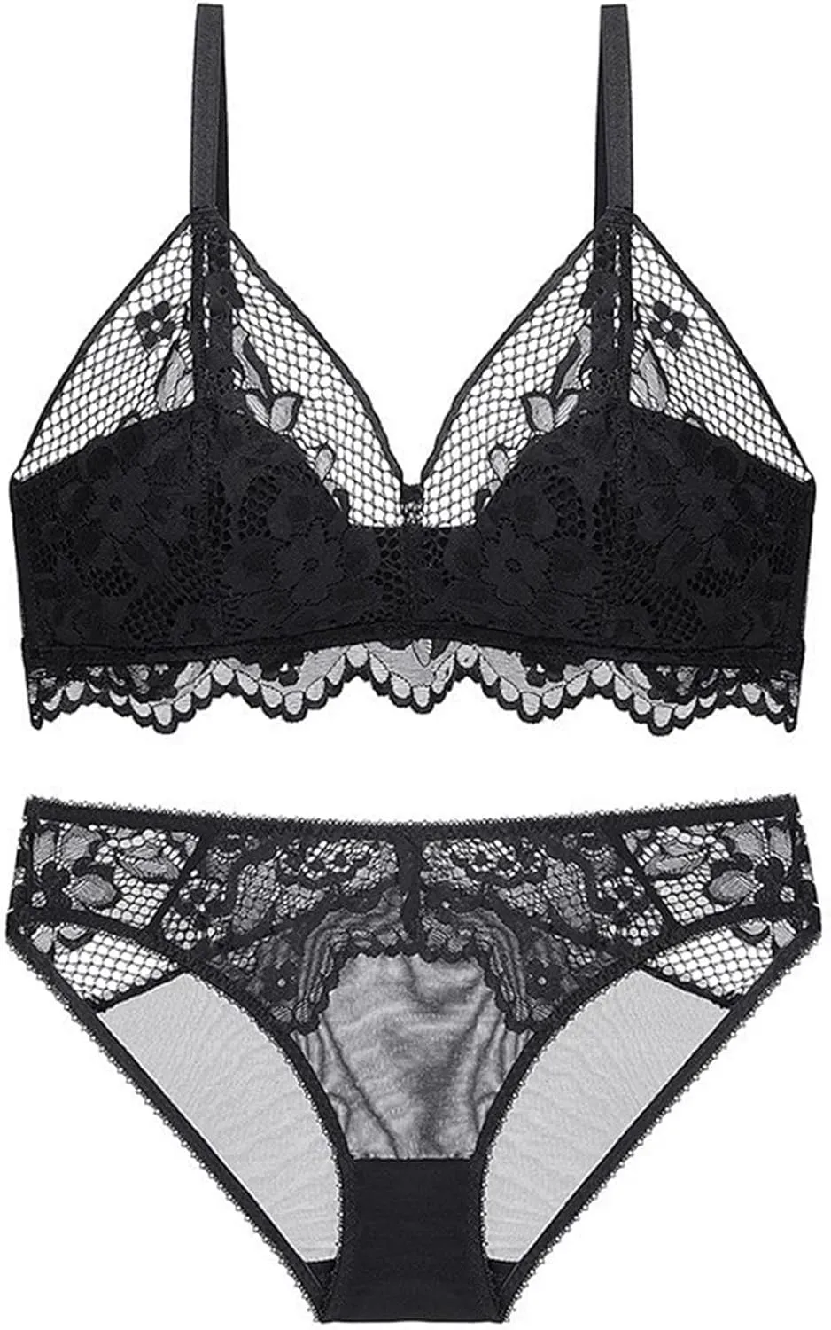 Womens Lace Plunge Bralette Set Comfort Wireless Unlined Triangle Bra & Panty Set Sexy Triangle Cup Underwea