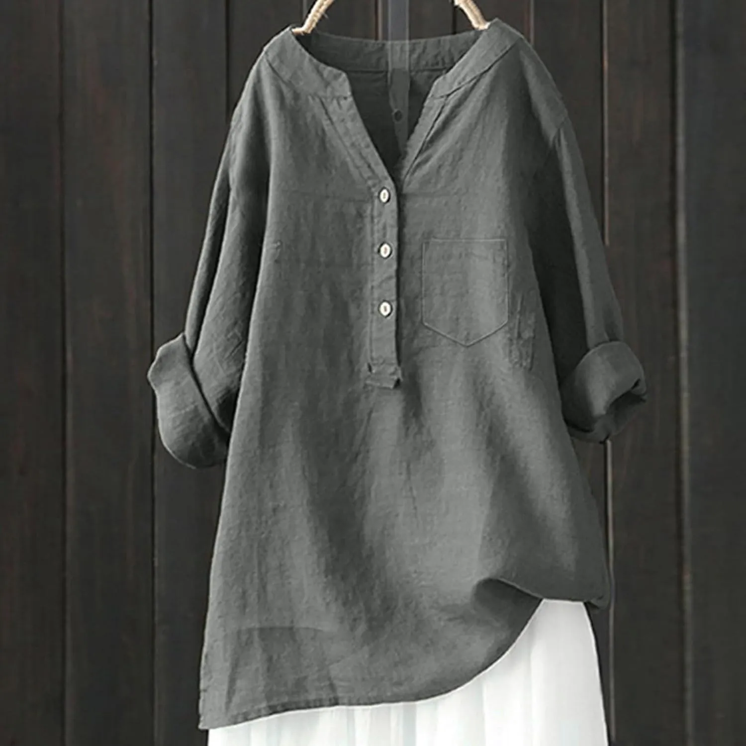 Women's Linen Shirts Summer Cotton Linen Solid Color Long Sleeve T Shirts Casual Loose Beach V Neck Tee Top