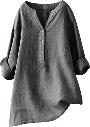 Women's Linen Shirts Summer Cotton Linen Solid Color Long Sleeve T Shirts Casual Loose Beach V Neck Tee Top