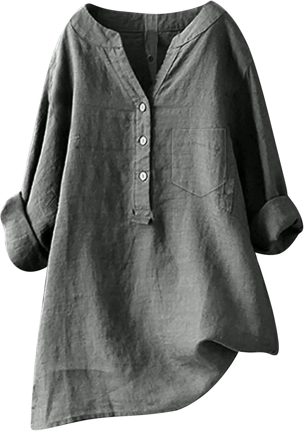 Women's Linen Shirts Summer Cotton Linen Solid Color Long Sleeve T Shirts Casual Loose Beach V Neck Tee Top