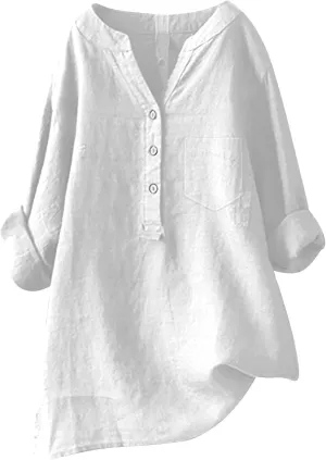 Women's Linen Shirts Summer Cotton Linen Solid Color Long Sleeve T Shirts Casual Loose Beach V Neck Tee Top