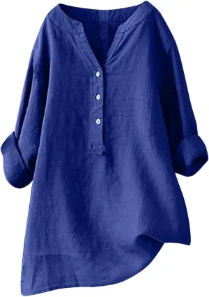 Women's Linen Shirts Summer Linen Floral Long Sleeve T-Shirts Casual Loose Fit 2025 Fashion V-Neck Blouse Top
