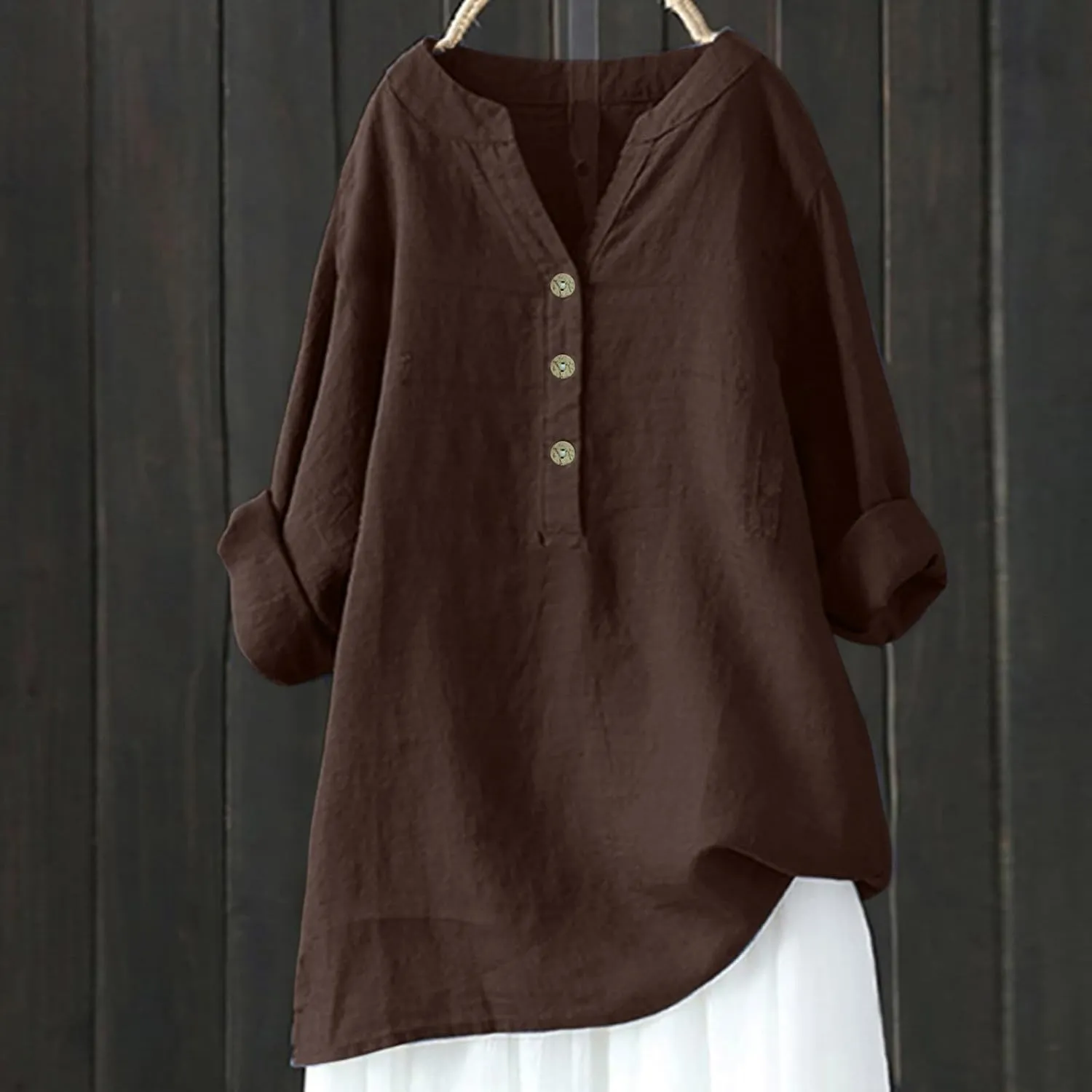 Women's Linen Shirts V Neck Buttons Blouses Lapel Beach Tee Top Short Sleeve Loose T-Shirts