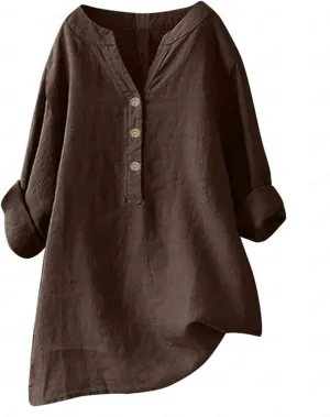 Women's Linen Shirts V Neck Buttons Blouses Lapel Beach Tee Top Short Sleeve Loose T-Shirts